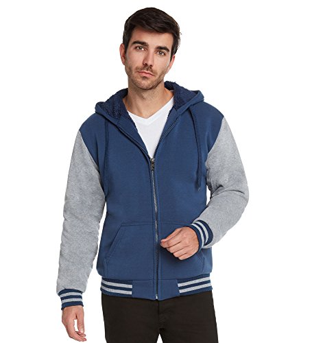 Maximos Men's Sherpa Lined Varsity Full Zip Hooded Jacket-Navy/Heather Gray-XL
