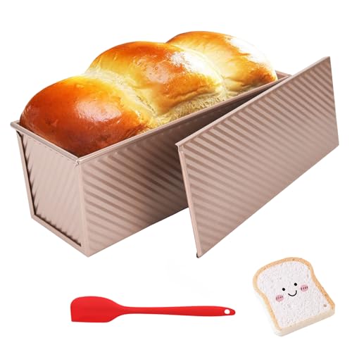 Image of Pullman Loaf Pan with Lid 13x4 Inch, 2.2lb Dough Capacity for Homemade Bread, Non-stick Corrugated Carbon Steel Bread Toast Box with Cover for Bakeware, Sandwich & Toast Oven Baking, Gold