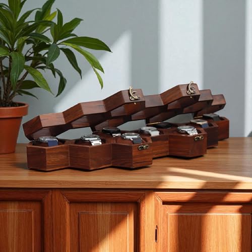 Image of Vintage Wooden Watch Box For Men, Timepiece Display Case, Honeycomb Watch Storage & Organizer, Jewelry Box For Women For Husband (9 Compartments - 2)