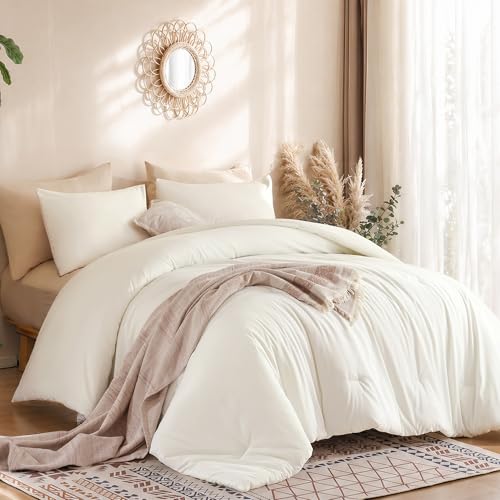 Image of weigelia Super-Soft Micorfiber Comforter Set - King Size Cream White Lightweight Warmth Comforter for All Season Use, Machine Washable White Bedding Set (1 Comforter, 1 Pillowcases)