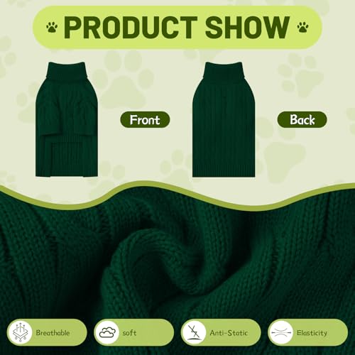 Image of Small Dog Thermal Pullover Sweater, Classic Turtleneck Cable Knitwear Dog Clothes for Cold Weather Warm Pet Clothes for Chihuahua, Bulldog, Dachshund, Pug Green Large