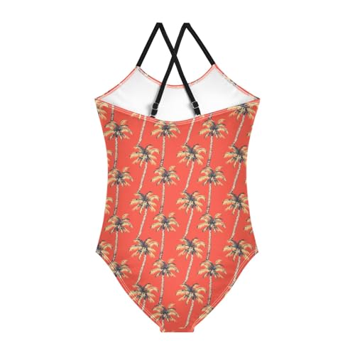senya Girls Swimsuits One-Piece Swimwear Tie Bathing Suit Beach Summer Round Neck 7-8T Palm Trees Orange Background Pattern2