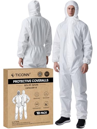 TICONN Hazmat Suit Disposable Coveralls, Full Body Protective Lab Coveralls, Breathable Paint Suit for Men Women (XL, 10PK)