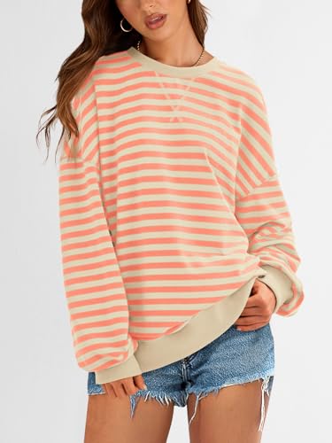 Image of PRETTYGARDEN Womens Striped Oversized Sweatshirt Color Block Crew Neck Long Sleeve Casual Loose Pullover Top Y2K Clothes