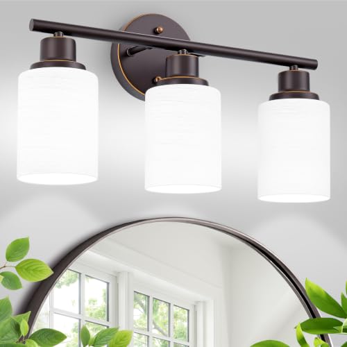 Image of 3-Light Bathroom Light Fixtures, Oil-Rubbed Bronze Gold Vanity Lights for Mirror with Textured Milky White Glass Shade, Modern Kitchen Light Fixtures Wall Sconce Light - E26