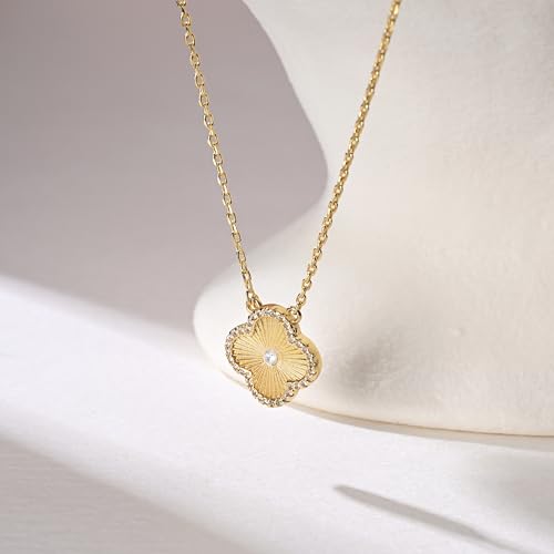Image of Billet-doux 14k Gold-Plated Clover Necklace for Women, Sparkling Four-Leaf Shiny Clover Pendant with Dazzling Pave CZ Halo, Adjustable Size, Trendy Jewelry Gifts Perfect for Her
