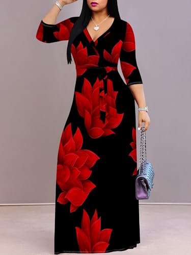 Image of Plus Size Maxi Dress for Women V Neck 3 /4 Sleeve Wrap Dress