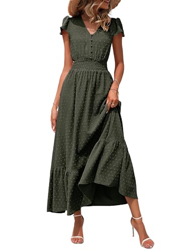 Image of CzzzyL Women Nursing Boho Maxi Dresses Cap Short Sleeve V Neck Swiss Dot High Waisted A-Line Ruffle Tiered with Pockets