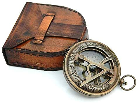 Boussole de poche en laiton avec cadran solaire et boîtier en cuir marron