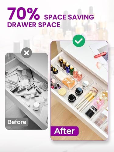 Image of Clear Plastic Drawer Organizers Set, 4-Size Versatile Bathroom and Vanity Drawer Organizer Trays, Storage Bins for Makeup, Bedroom, Kitchen Gadgets Utensils and Office (9 PC NEW SET)