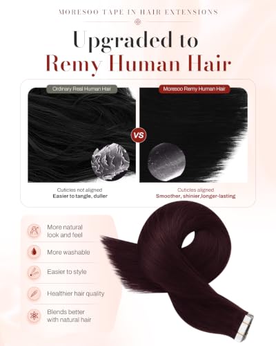 Image of Moresoo 40 Pcs Wine Red Tape in Hair Extensions Human Hair Invisible Tape in Extensions Burgundy Hair Extensions Real Human Hair Tape in Seamless Glue in Human Hair 18 Inch #99J 100g