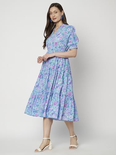 Image of PIDAVLIYA'S Women's Floral Summer Maxi Dress I Cotton Printed I One Piece Bodycon Midi Dress with V-Neck, Puffed Sleeves