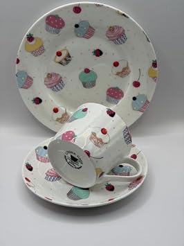 Heritage Fine Bone China Cup, Saucer and Side Plate Set, Cupcake, 7 fl oz Cup, 3 Piece Dinnerware Set