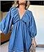 utcoco Denim Dress for Women Puff 3/4 Sleeves V Neck Swing A Line Cute Babydoll Mini Jean Dresses for Women 2025 (Large, Blue)