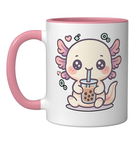 Kawaii Axolotl Drinking Bubble Tea Cute Axolotl Lover Design Ceramic Mug, Pink/White