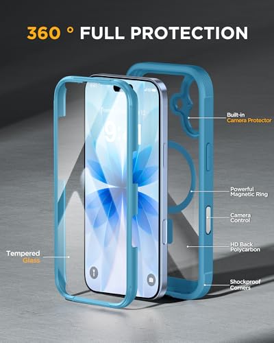 Image of Miracase for iPhone 17 Case 6.3'', Full-Body Military Grade Drop Protection Outdoor Phone case with Built-in Glass Screen &Camera Control,Easy Installation,No Gap,Compatible with MagSafe,Blue