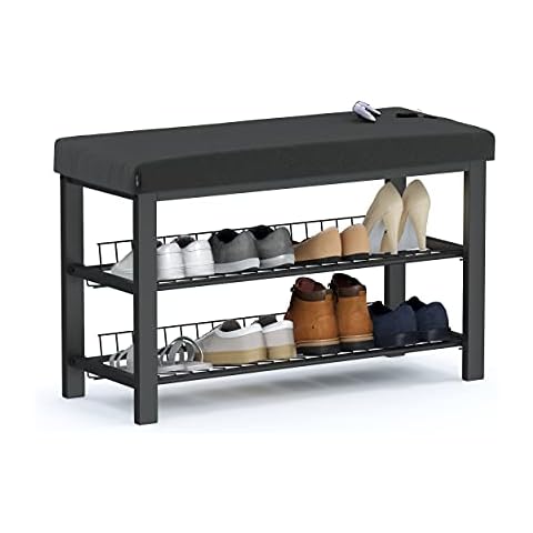 stardis Sturdy Shoe Rack with Bench SpaceSaving Shoe Bench with 2 Mesh Shelves 50 x 81 x 32 cm Elegant Shoe Cabinet for Hallway Living Room and Bedroom with Protection Against Floor Scratches (Black) Cover
