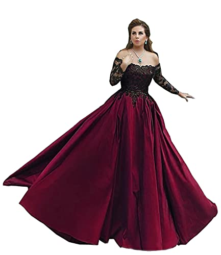 BessDress Off The Shoulder Formal Ball Gown Lace Illusion Long Sleeves Evening Party Dresses BD282