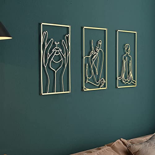 Lot de 3 décorations murales métal doré - Décoration murale élégante avec effet d'ombre 3D - Art mural abstrait et minimaliste pour chambre, salon et plus encore - Décor moderne avec accents dorés Cover