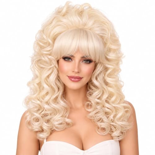 FantaLook Blonde Long Curly Wig with Bangs, Vintage Costume Wig for Women - Retro 60s 70s 80s