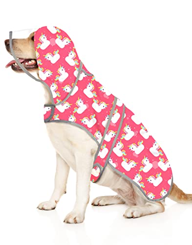 HDE Dog Raincoat with Clear Hood Rain Jacket Poncho for Small Medium Large Dogs Unicorn Ducks Pink - L