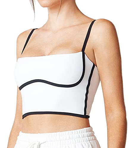 Image of Sleeveless Spaghetti Strap Padded Sports Bra Tank Tops Square Neck Double Layer Workout Fitness Basic Crop Tops