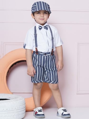 Image of AJ DEZINES Kids Cotton Blend Stripes Shirt Shorts With Cap and Suspender Set For Boys