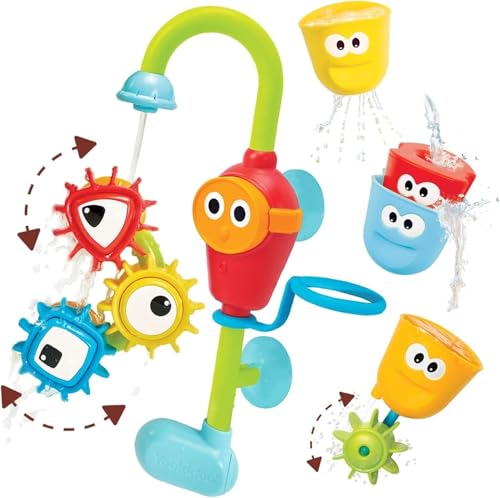 Image of Yookidoo Bay Bath Toddler Toys (Ages 1-3) - 3 Stackable Cups, Spinning Gears, Hose & Spout for Water Play - Mold Free - Suction Cups Attach to Any Bath Tub or Shower - Spin N Sort Spout Pro
