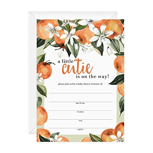 Image of Canopy Street Little Cutie Baby Shower Invites / 25 Baby Shower Invitation Cards With White Envelopes / 5" x 7" Citrus Clementine Fruit New Baby Party Invitations/Fill In Gender Neutral Invite Cards