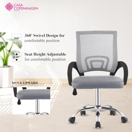 Image of Casa Copenhagen Mesh Mid Back Office /Study /Computer /Revolving /Desk Chair for Work from Home -Metal Base, Height Adjustable Seat - Milange Grey & Black Handle