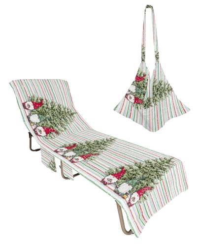 Christmas Tree Gnomes Beach Lounge Chair Towel Cover, Soft Chaise Lounge Towel with Side Pockets Patio Pool Chairs Cover for Beach/Pool Sunbathing 29x85 Green Red Striped Winter Snowflake