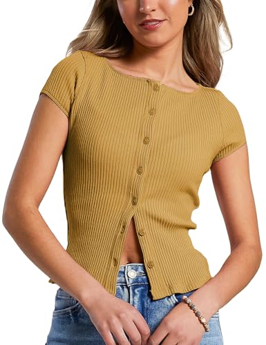 Dqbeng Womens Summer Cardigans Cap Sleeve Ribbed Button up Shirts Fitted Basic Going Out Tops