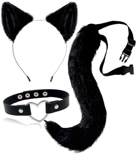 Cat Ears and Tail Costume Set for Women - Black Anime Ear Clips, Long Furry Tail, Heart Choker for Cosplay, Halloween, Neko Adult Headband