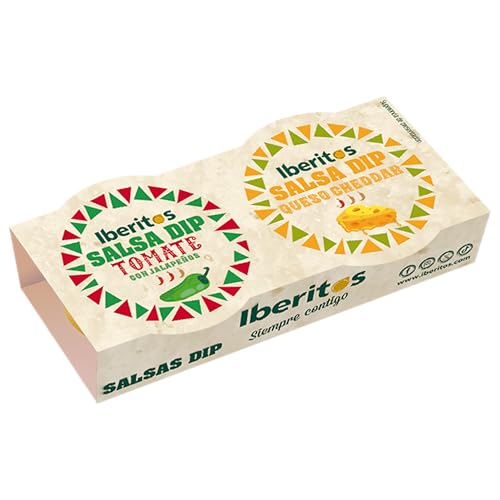 Iberitos – Caja 12 pack Salsa Dip Cheddar + Tomate Jalapeños 2×46gr – Monodosis – Crema Queso y Crema Tomate Picante – Para Snacks y Aperitivos