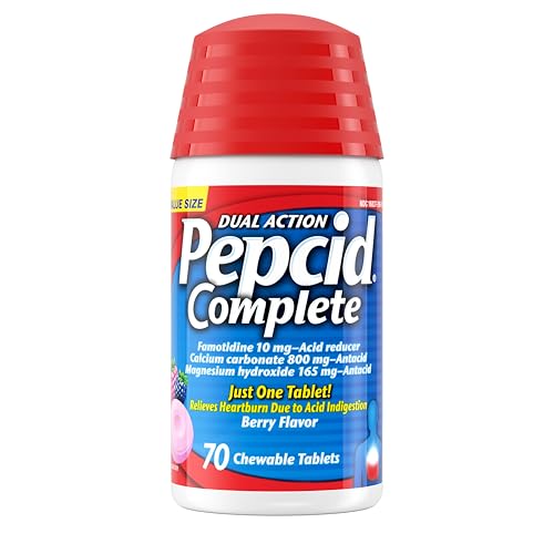 Pepcid Complete Acid Reducer + Antacid Chewable Tablets, 10mg Famotidine, 800mg Calcium Carbonate & 165mg Magnesium Hydroxide per Heartburn Medicine Tablet, Antacid Chews, Berry Flavored, 70 ct