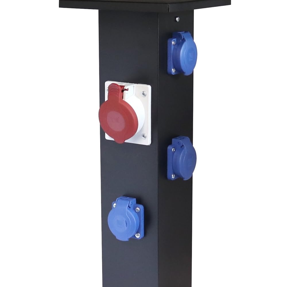 WITTKOWARE Alu-Steckdosensäule für Festinstallation, Standverteiler bestückt mit 3X 16A Schutzkontakt-Steckdosen und 1x 16A CEE-Steckdose, Farbe schwarz