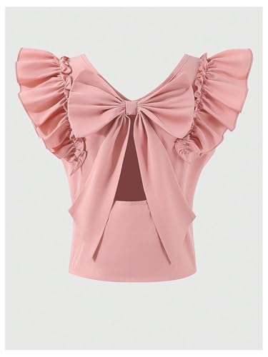 SweatyRocks Girl's Bow Tie Back Top Ruffle Short Sleeve Shirt Casual Cute T Shirts3