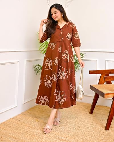 Image of Women's Floral Print Midi Dress, Rayon, A-Line Fit and Flare, Shirt Collar, Half Sleeves, Casual Wear