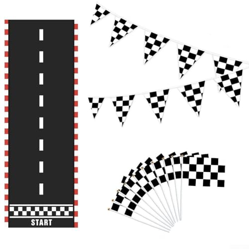 Kit de decoración de carreras que incluye banderas de tela a cuadros, pancarta y alfombrilla de pista de carreras diseñada para traer emoción temática de carreras a los eventos