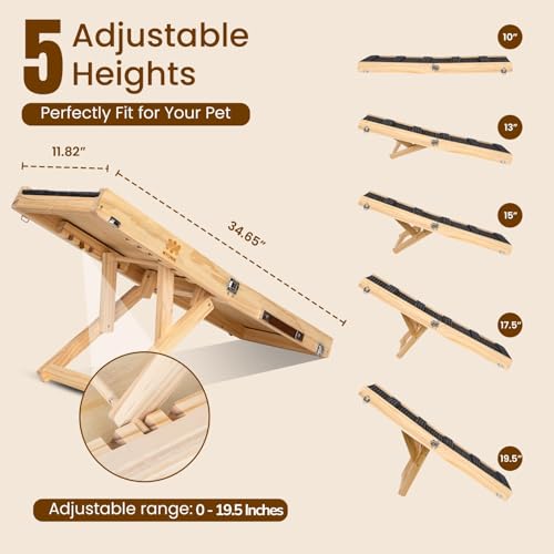 Upgraded 2025 MYUNIK Adjustable Dog Ramp 34.65" Foldable Solid Wood Pet Ramp with 5 Heights 10–19.5", Non-Slip Carpet Handle Ramp for Bed Couch Sofa & Car - Image 3