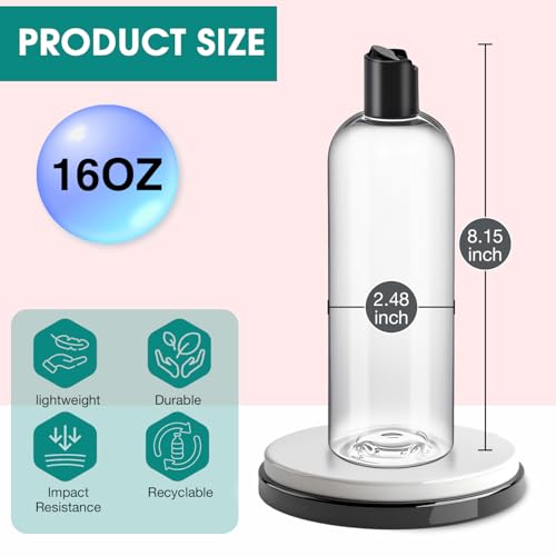 3Pcs 16 oz Clear Plastic Refillable Travel Shampoo and Conditioner Bottles with Black Disc Top Caps，Squeeze Empty Bottles Cosmetic Containers for Lotions, Body Soap Cream2