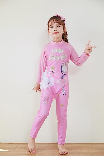 Image of Girls Swimsuits Long Sleeve Rash Guard Swimwear with Matching Cap One-Piece Bathing Suits 2-10 Years
