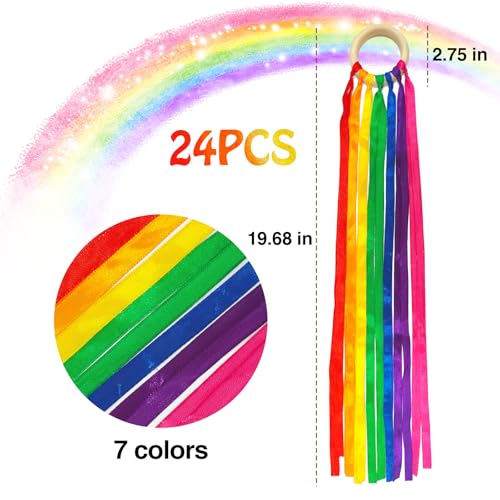 Cryptolux 24Pcs Rainbow Ribbon Streamers Waldorf Toys Creative Waldorf Hand Kite Set Streamers with Wood Ring Sensory Learning Educational Toy for Playroom Dancing Birthday (Rainbow Colors)