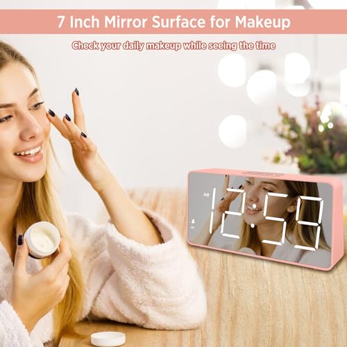 Image of Peakeep Digital Clock, Alarm Clock Battery Backup Powered for Bedrooms - Mirror Face Large Numbers 6 Dimmers for Seniors, Super Loud for Heavy Sleepers (Pink)