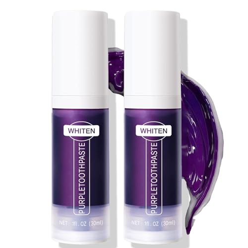 2PCS Lila Zahnpasta Weisse Zähne Purple Teeth Whitening Toothpaste Farbkorrektur Zahnpasta für Weiße Zähne Lila Whitening Zahn für Zahnfleckenentfernung und Farbkorrektur Schonende Pflege 30ML*2