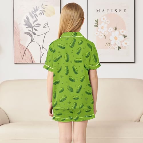 Satin Pajama Sets Short Sleeve Pickle Pattern on Green Background Button Down Silky Nightwear 2 Piece PJS 5-14Y4