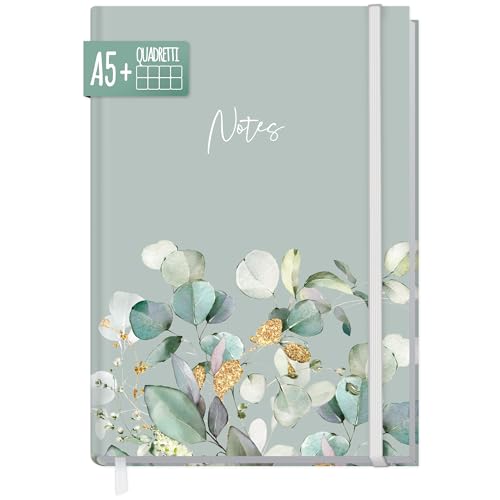 paper&you® - Taccuino A5+ a quadretti con elastico "Minty Leaves" 156 pagine, 78 fogli, per bullet journal, diario, taccuino – sostenibile e rispettoso dell'ambiente