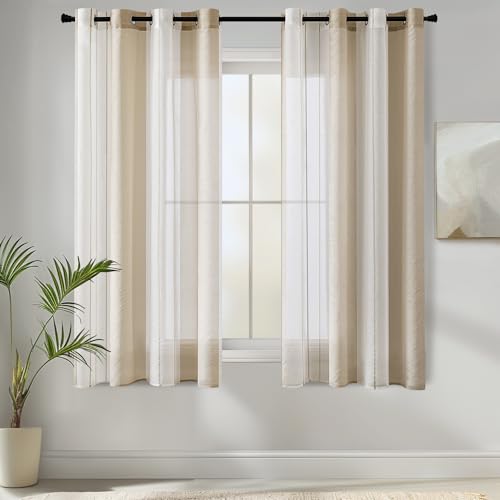 MIULEE Rideaux Voilage à Rayures Blancs et Beige, Voilages Intérieurs avec Oeillets, Beaux Voile Rideau Voilage Fenetre Chambre, Lot de 2 Transparent Rideaux Salon...