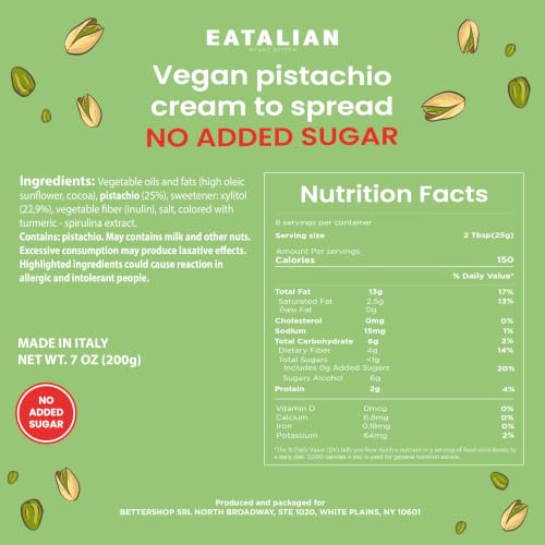 Image of EATALIAN by AMZ BETTER Vegan Pistachio Cream Sugar Free, 7 oz / 200g, Delicious sugar free vegan spread, ideal on bread, perfect with ice cream, Excellent for Dubai Chocolate, Made in Italy