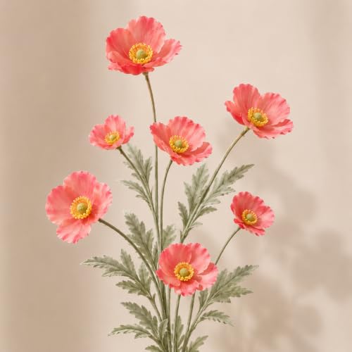 Image of CURATED CART Artificial Flowers Bunch of 2 Poppy Red Flowers, 70cm Real Touch Fabric Flowers with Stems, 4 Blooming Heads, Fake Flowers for Home Decor, Party, Wedding, Party Decorations